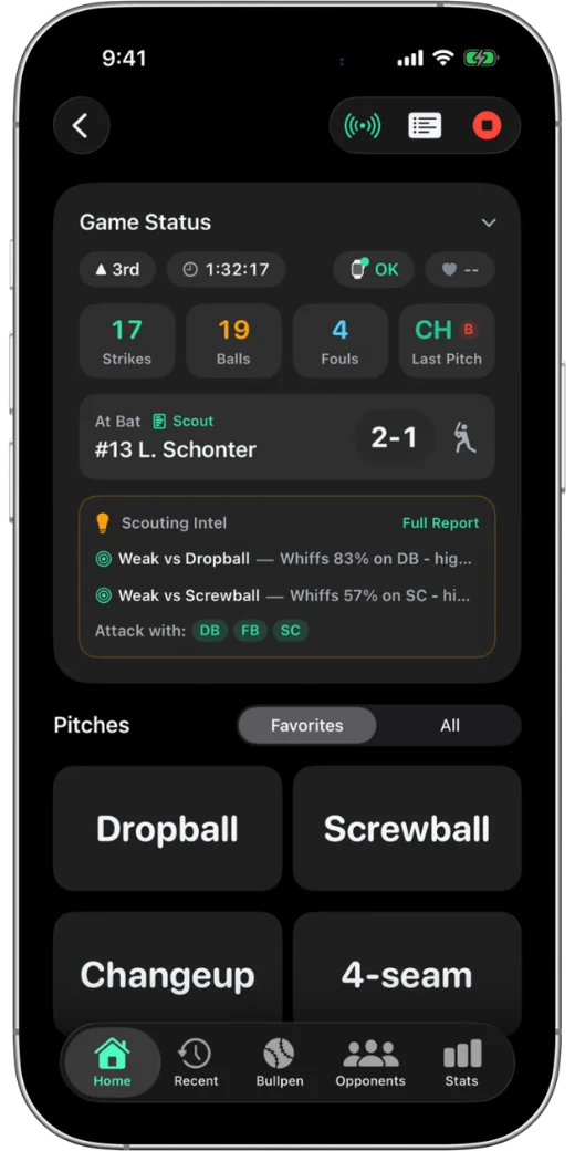 PitchTAC iPhone app showing game dashboard with scouting intel and pitch buttons