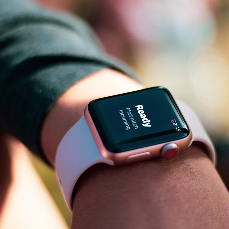 Apple Watch on wrist showing PitchTAC ready to receive pitch signal