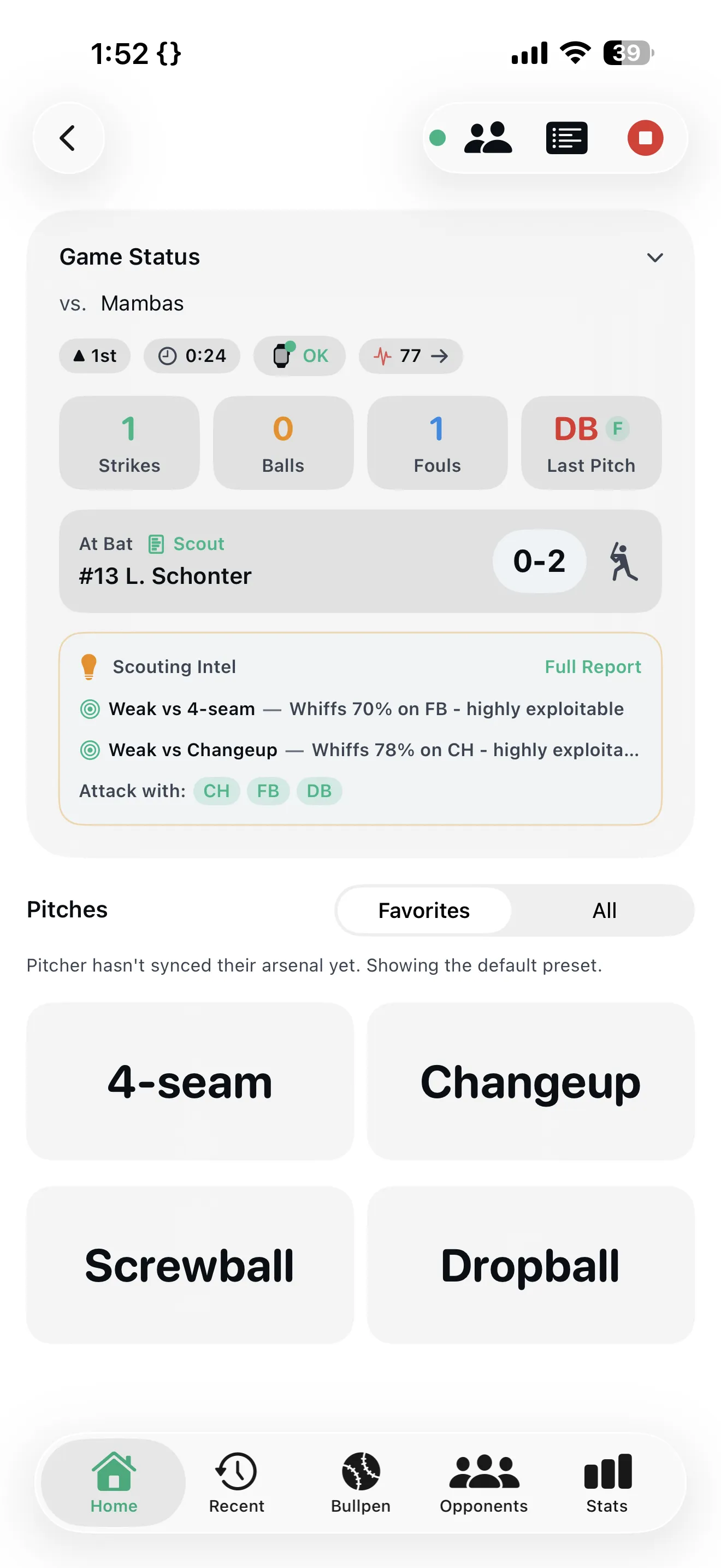 PitchTAC iPhone pitch calling interface with quick-tap signals