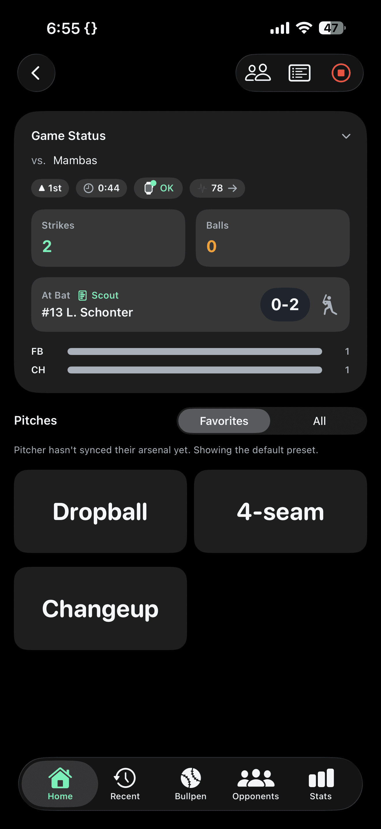 PitchTAC iPhone app showing pitch selection interface