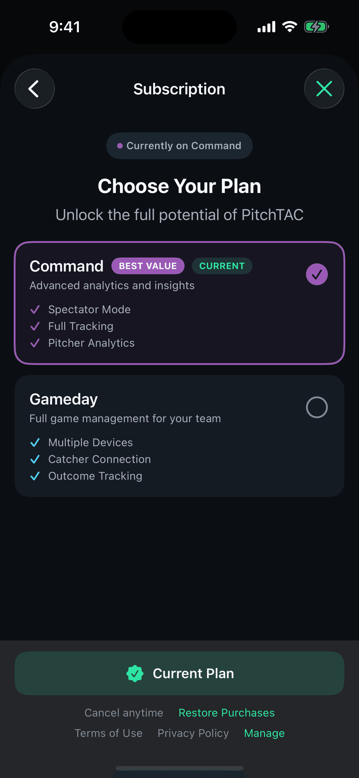 Coach upgrade prompt showing the in-app plan selection and upgrade path